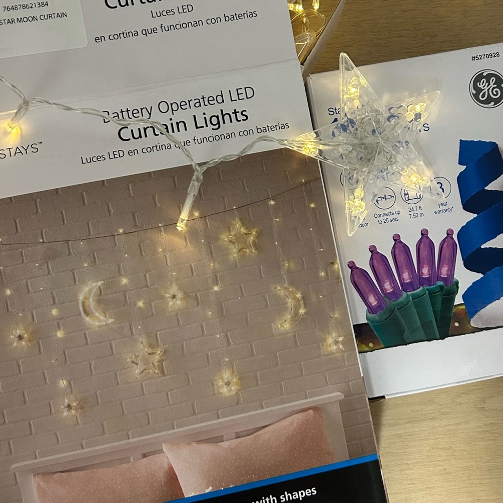 Mainstays LED Curtain Lights Star Moon + Purple Strand Holiday Lights Xmas Vday